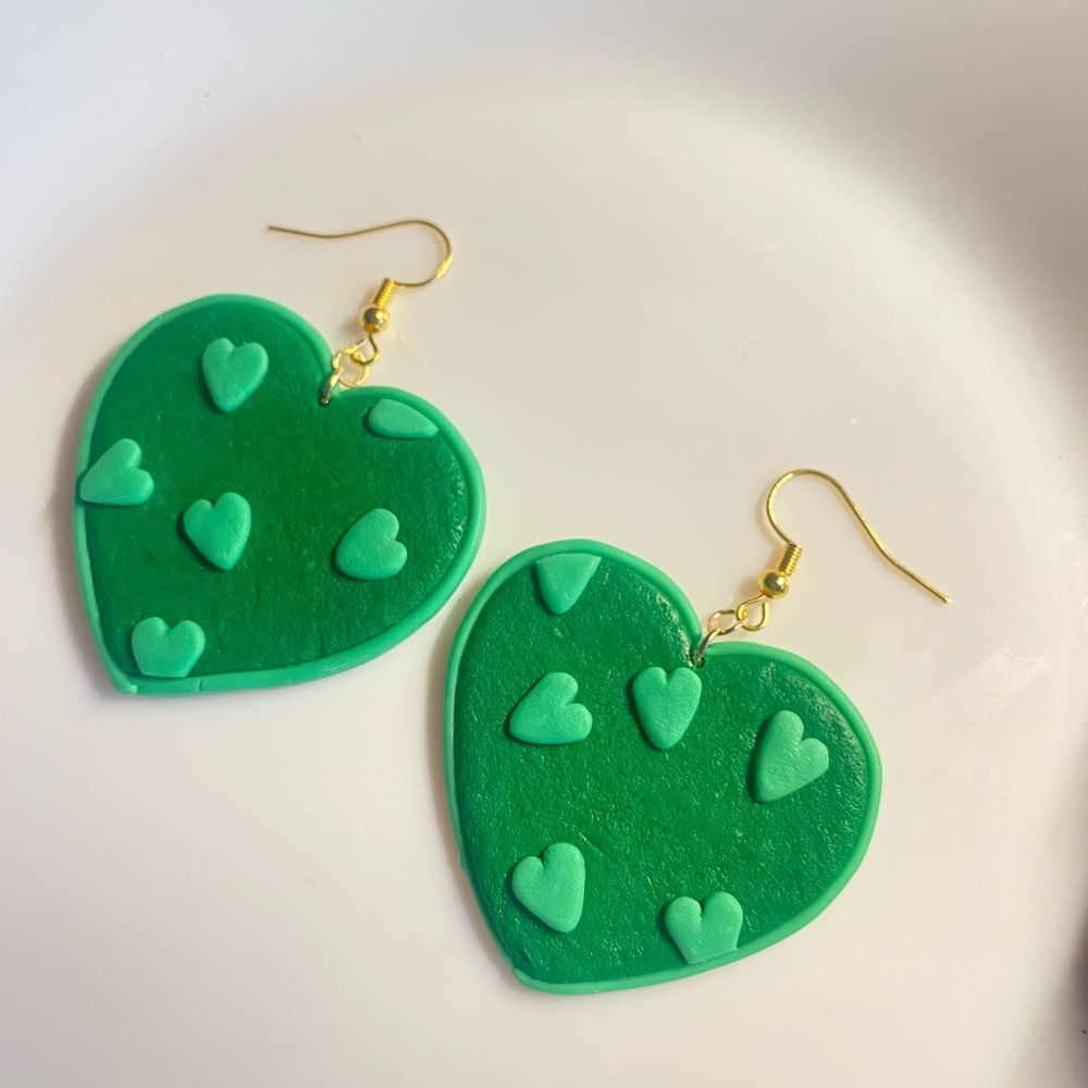 Green big Heart Drop Earrings with Mini Hearts